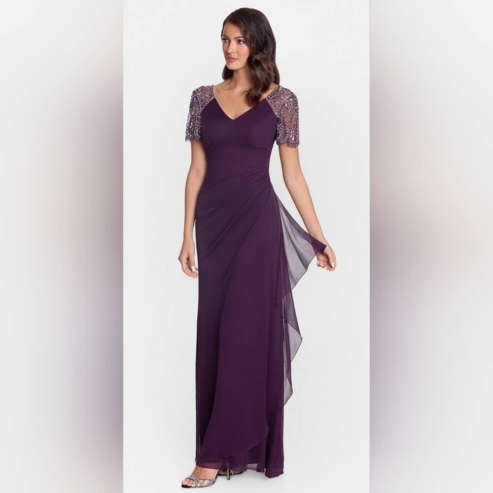 Xscape Women's Long V-Neck Beaded Detail Jersey (Reg and Petite),Plum Size 10